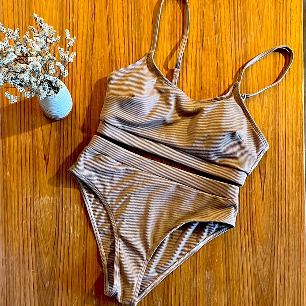 Stylish Brown Ribbed Swimsuit